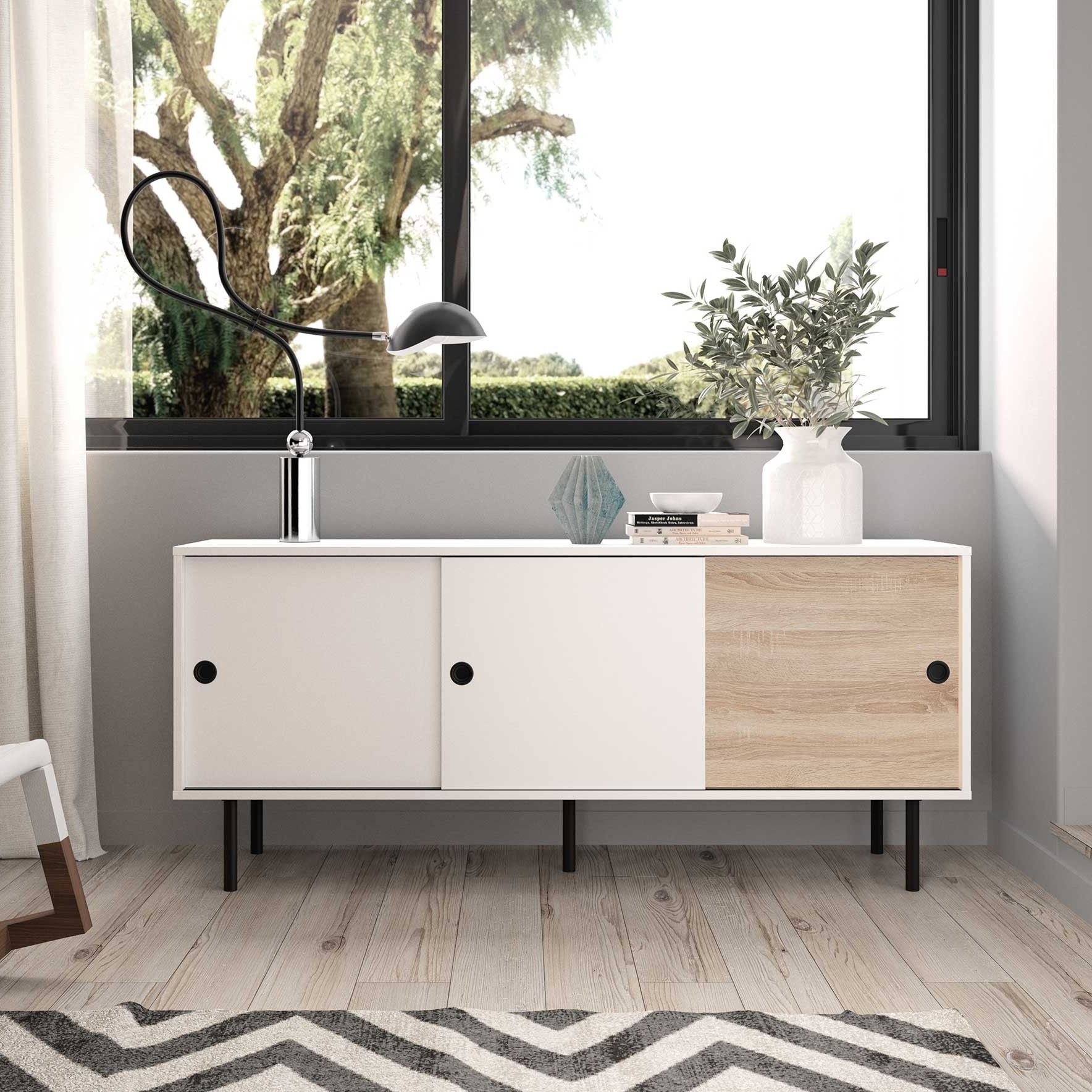 Bahut Poss 148cm à 3 portes - blanc/chêne