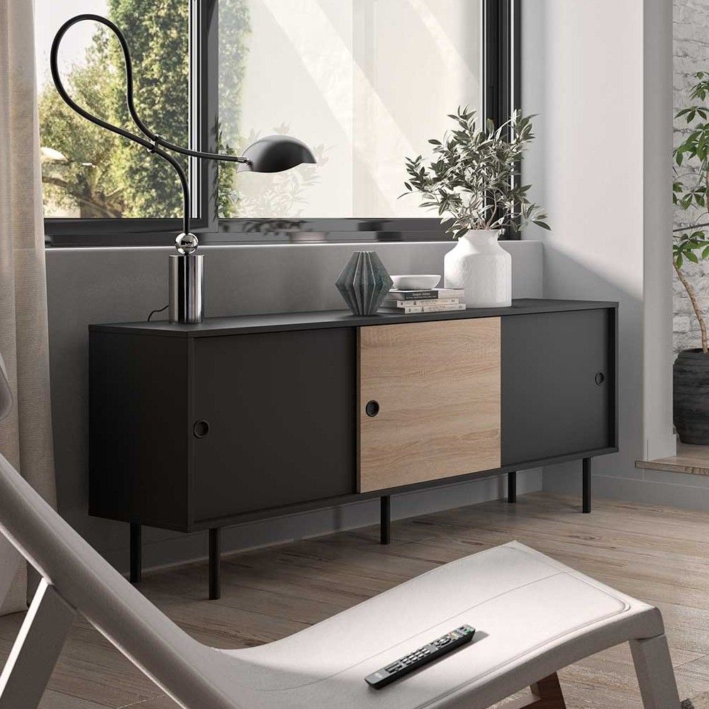 Bahut Poss 148cm à 3 portes - noir/chêne