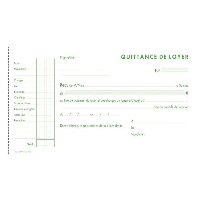 QUITTANCE DE LOYER Carnet autocopiant Tripli Exacompta 43E