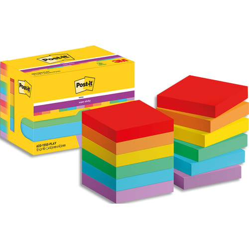 Bloc notes post it super sticky collection playful 47,6 x 47,6mm 12 blocs 90 feuilles