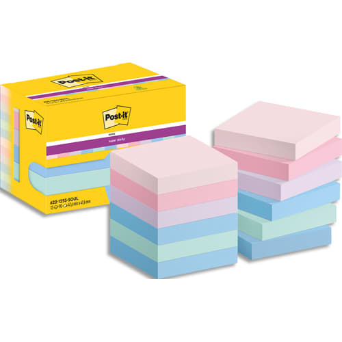 Bloc notes post it super sticky collection soulful 47,6 x 47,6mm 12 blocs 90 feuilles