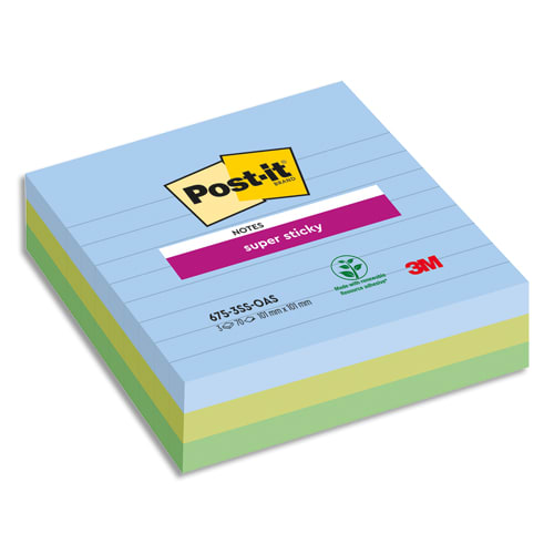 Bloc notes post it super sticky grand format collection oasis lignees 101 x 101mm, 3 blocs 70 feuilles