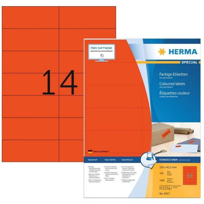 Étiquettes adhésives - 105 x 42,3 mm - Rouge HERMA Lot de 1400
