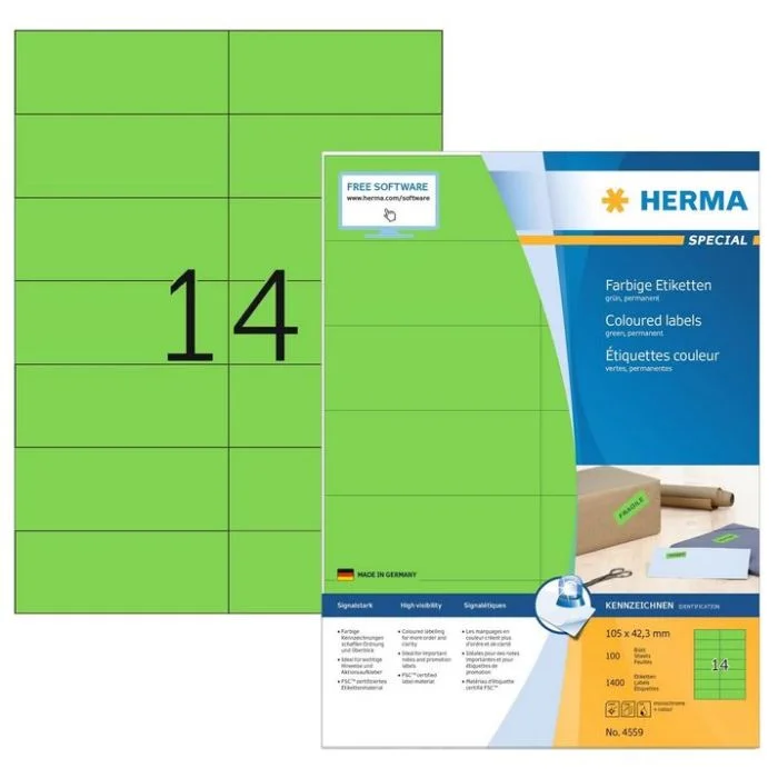 Étiquettes adhésives - 105 x 42,3 mm - Vert HERMA Lot de 1400