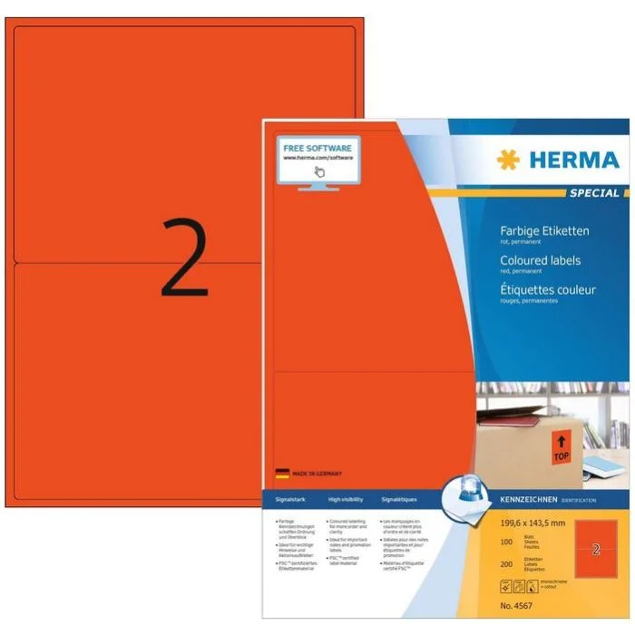 Étiquettes adhésives - 199,6 x 143,5 mm - Rouge HERMA Lot de 200