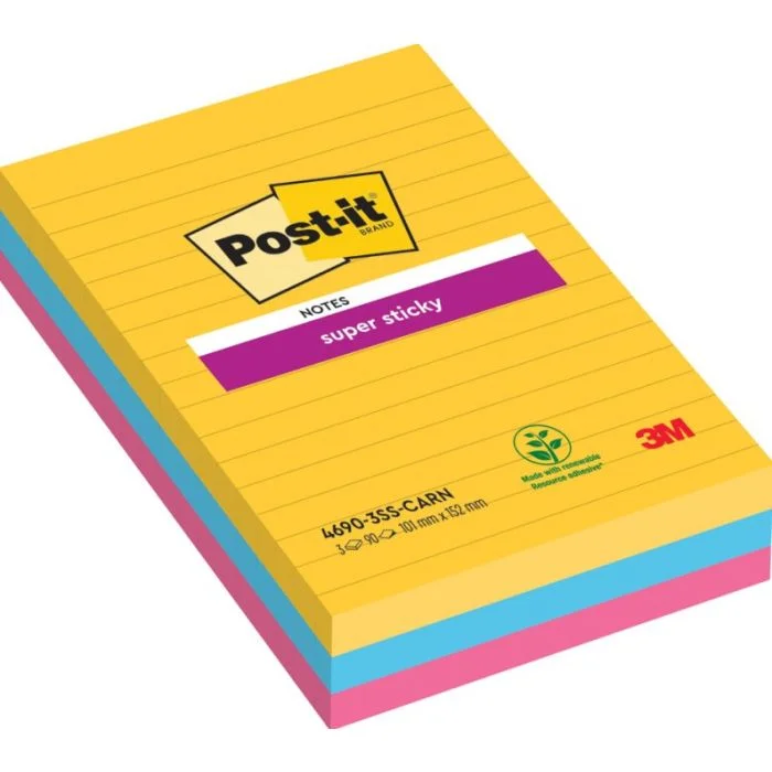POST-IT Bloc-notes adhésif ligné - Assortis 101 x 152 mm Super Sticky Lot de 3