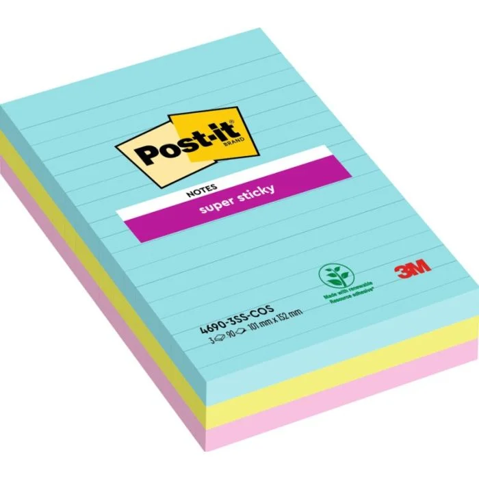 POST-IT Bloc-notes adhésif Ligné - Assorti 101 x 152 mm Super Sticky Lot de 3