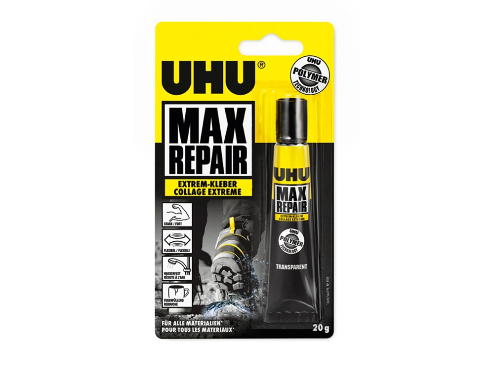 Colle uhu max repair multi-usages tous types matériaux résiste eau températures extrêmes uv s/solvant 20g transparent