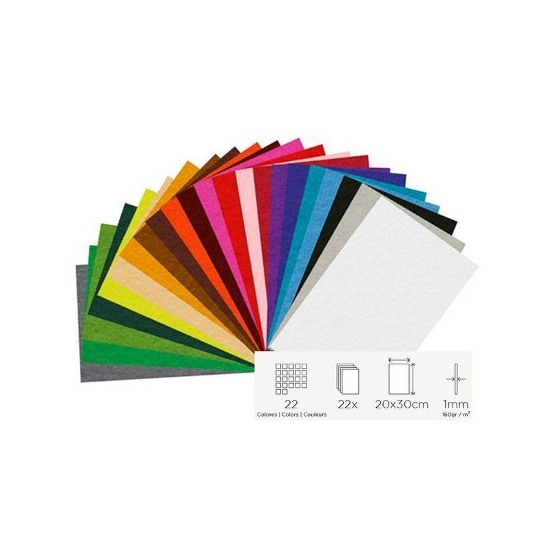 Feutrine à découper 20x30cm 160g /m2 coloris assortis lot de22 coupons
