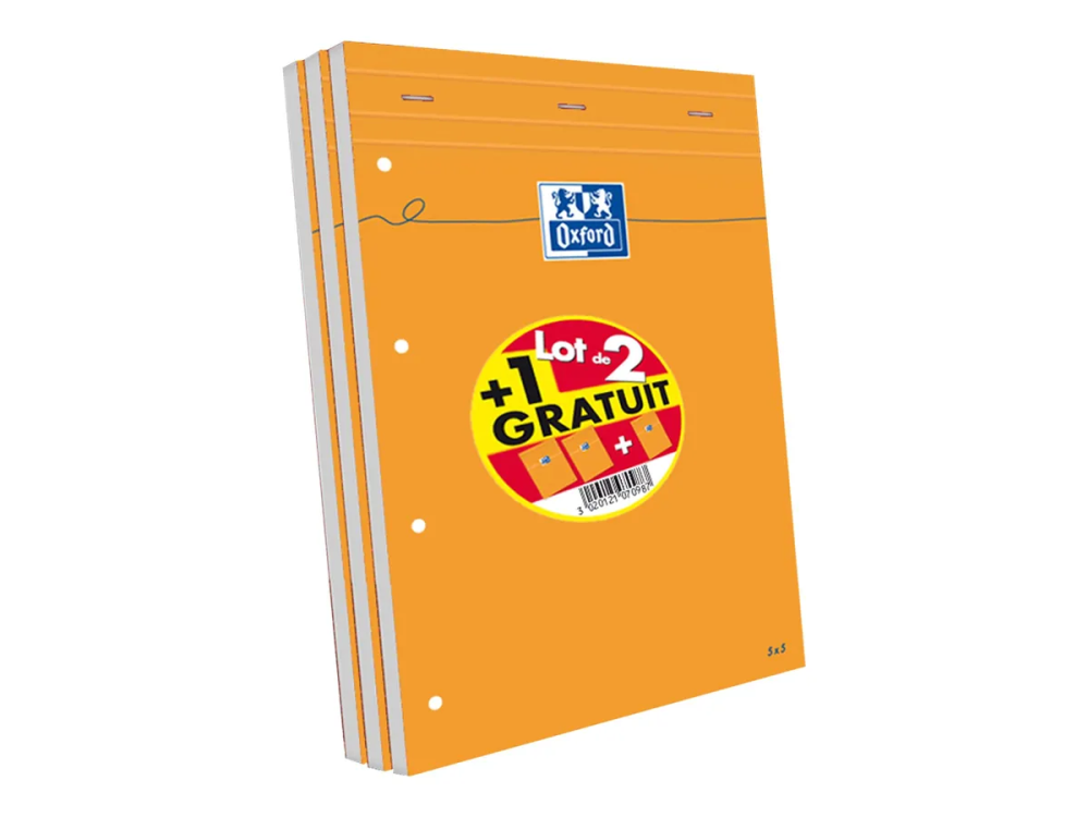 Bloc agrafé oxford perforé 21x31.5cm 160p 5x5 lot 2+1 blocs