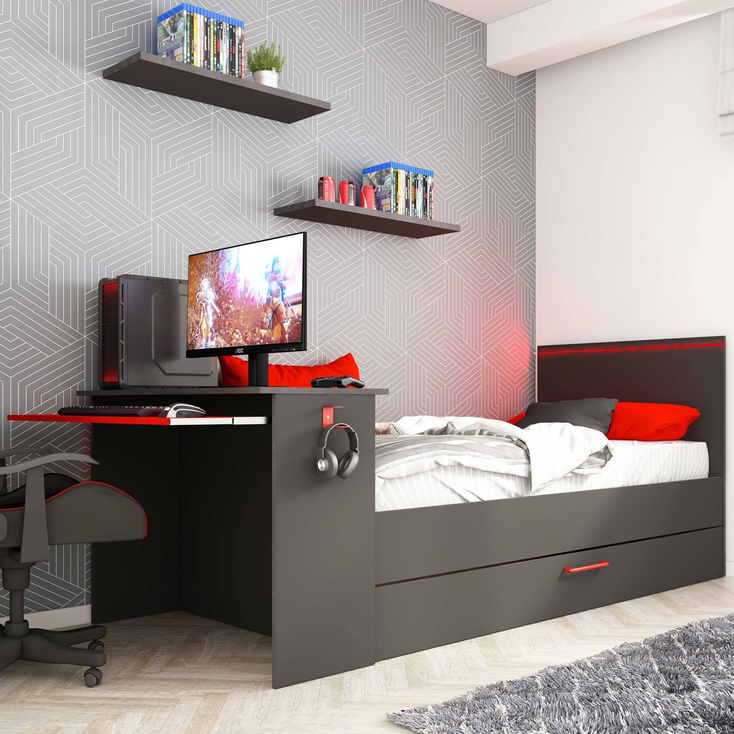 Lit Bzone 90x200 cm avec tiroir de lit, bureau et éclairage LED - anthracite
