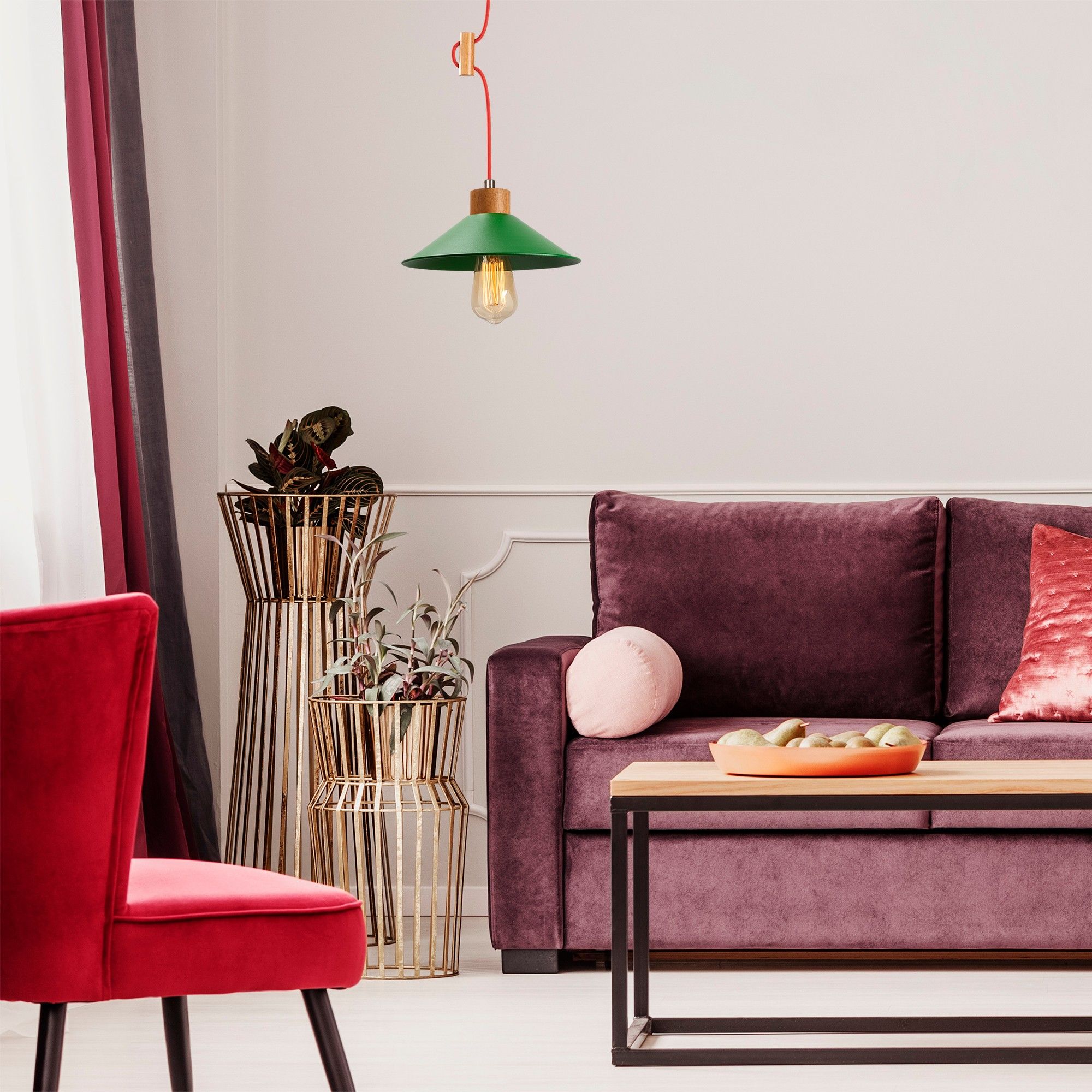 Lustre vert élégant et contemporain - 24 cm de diamètre, 101 cm de hauteur