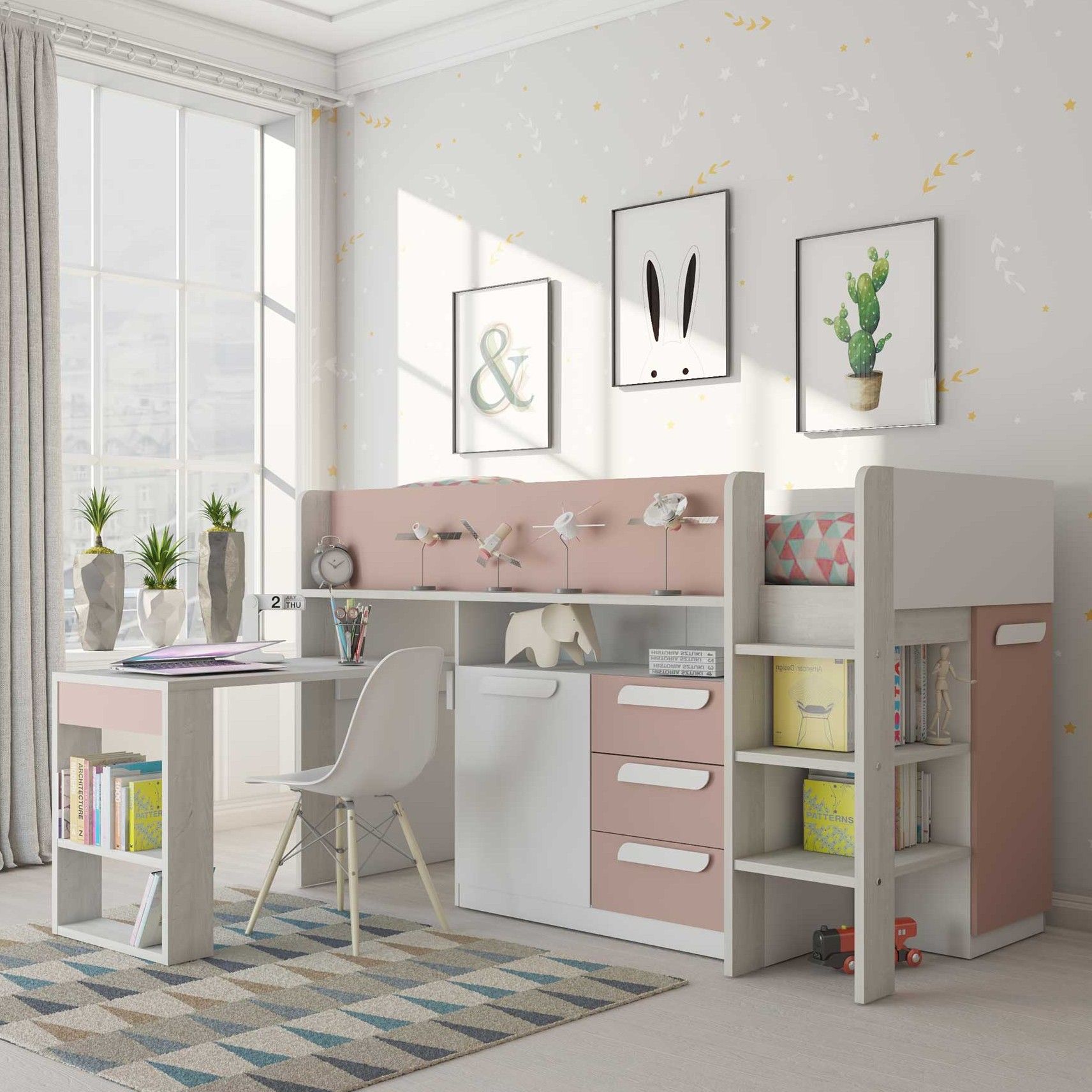 Lit combiné Beau 90x200 avec bureau - vieux rose