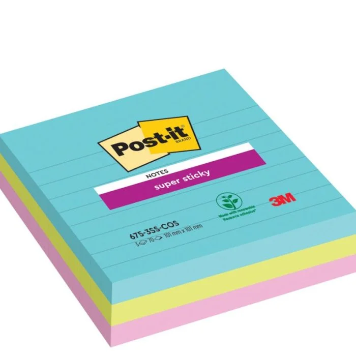 POST-IT Bloc-note adhésif ligné Assorti - 101 x 101 mm Super Sticky Lot de 3