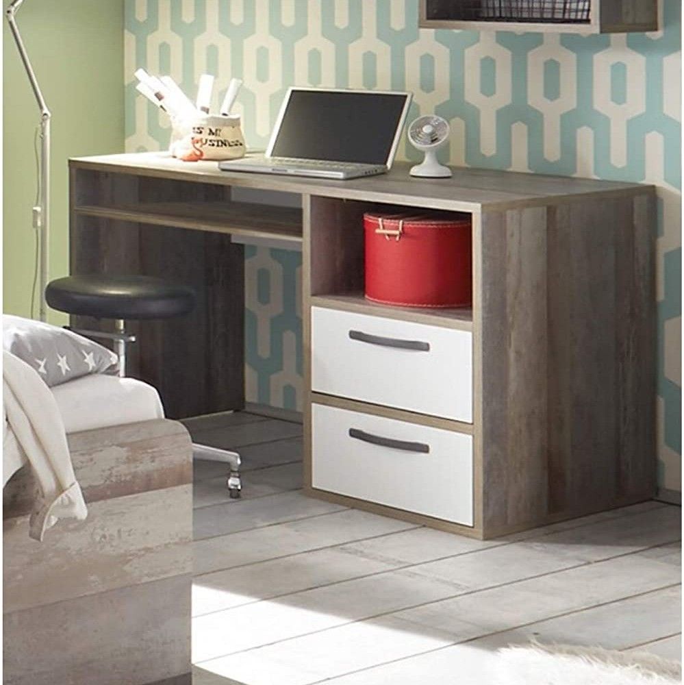 Bureau Petrus 125cm avec 2 tiroirs - blanc/bois flottant