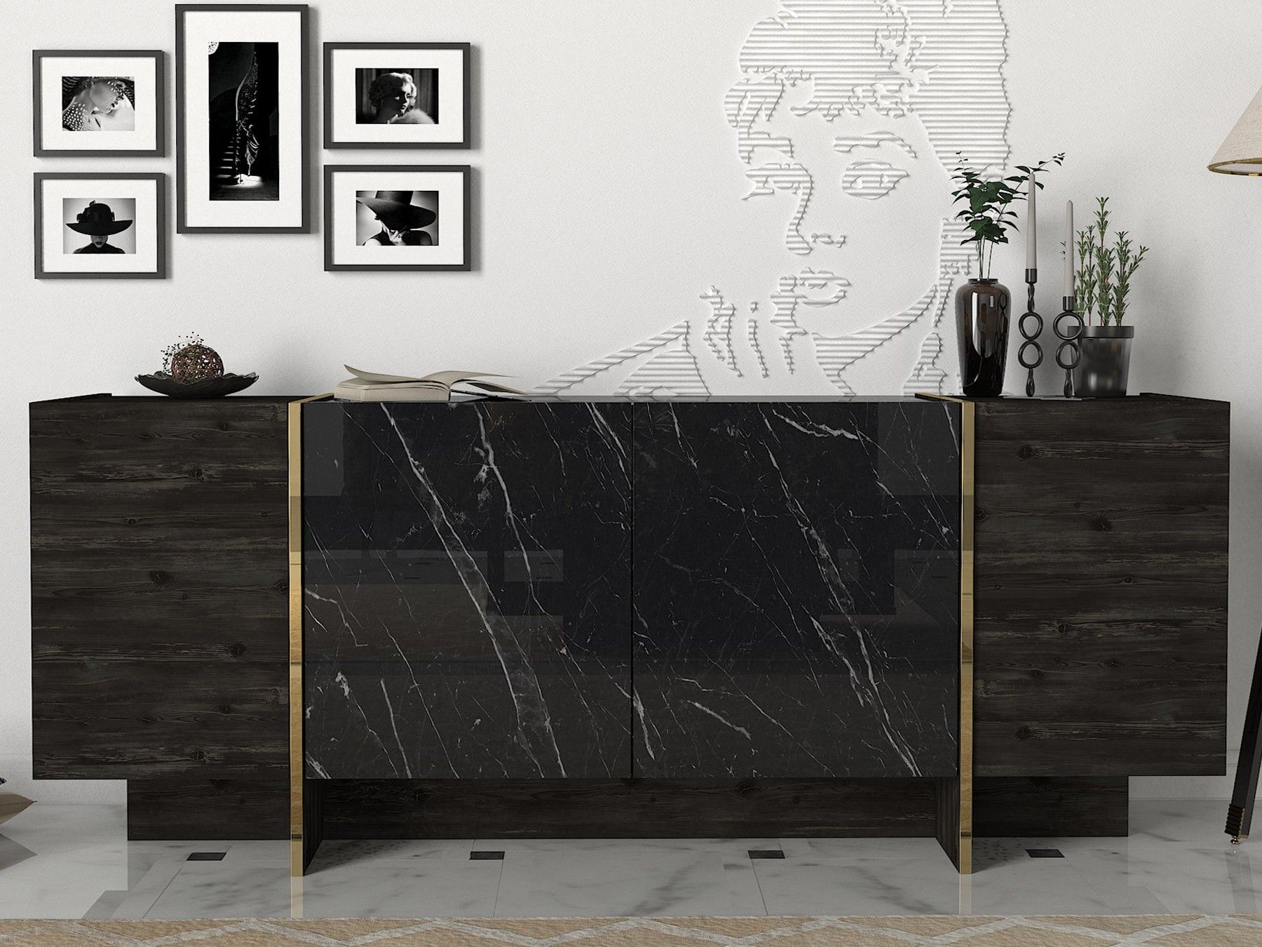 Veyron Console | 100 % MÉLAMINE | Noir, Or