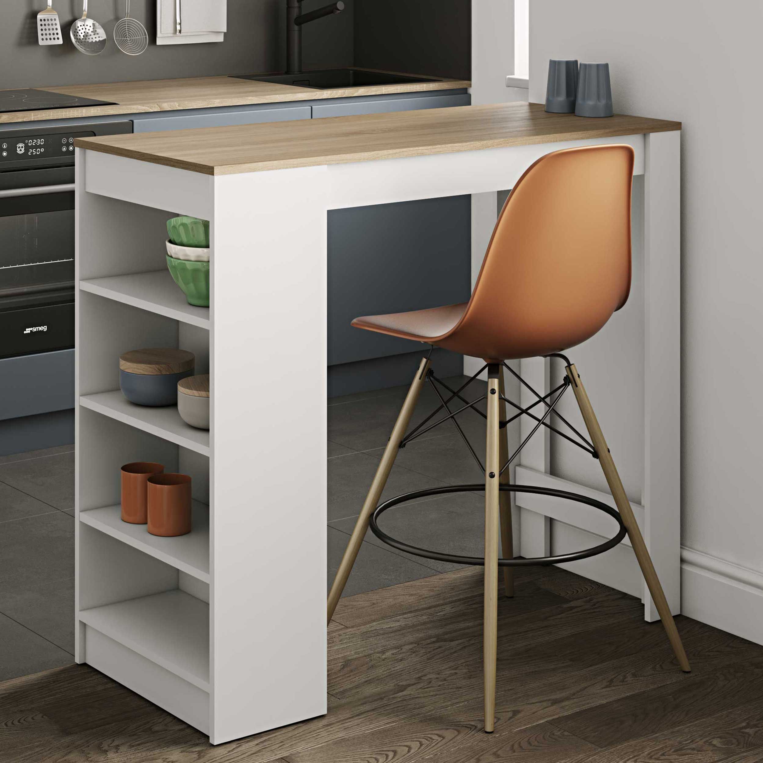 Table de bar Aravis 115x50 avec rangement - blanc/chêne