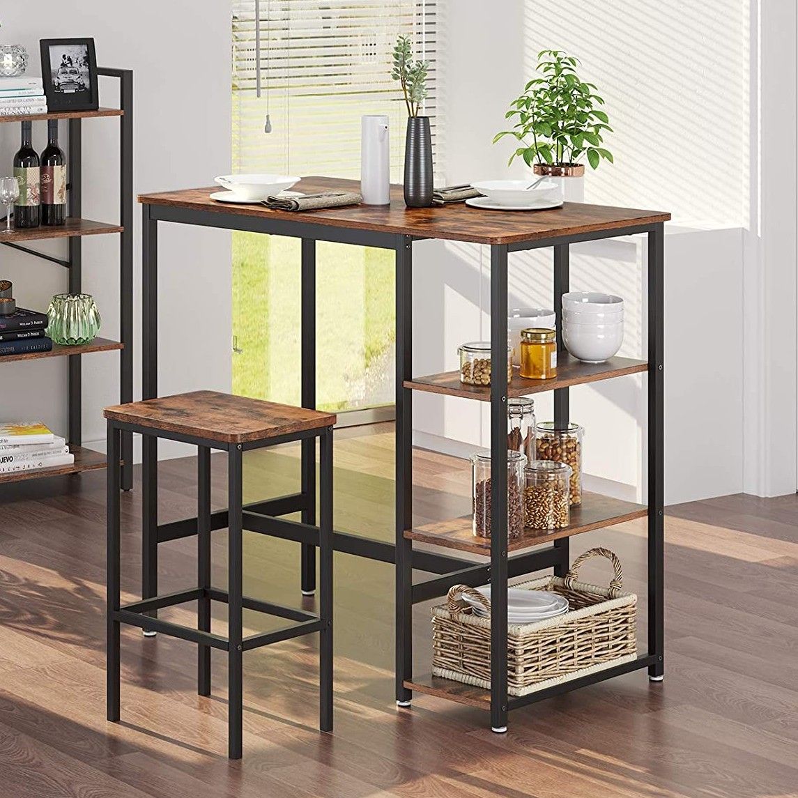 Table de bar Isolde 109x60 avec 3 étagères - brun/noir