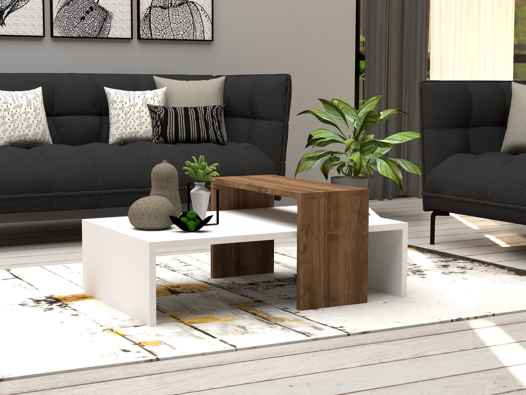 Glow Table basse | 100 % MÉLAMINÉ | Noyer, Blanc