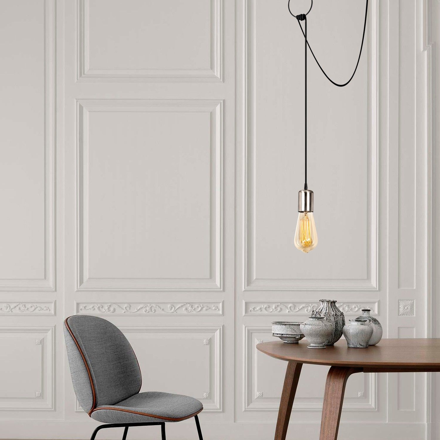 Opviq Lustre | Corps en fer | Hauteur ajustable | 60x5cm | 111cm de hauteur | E27 Max 40W | Noir Nickel