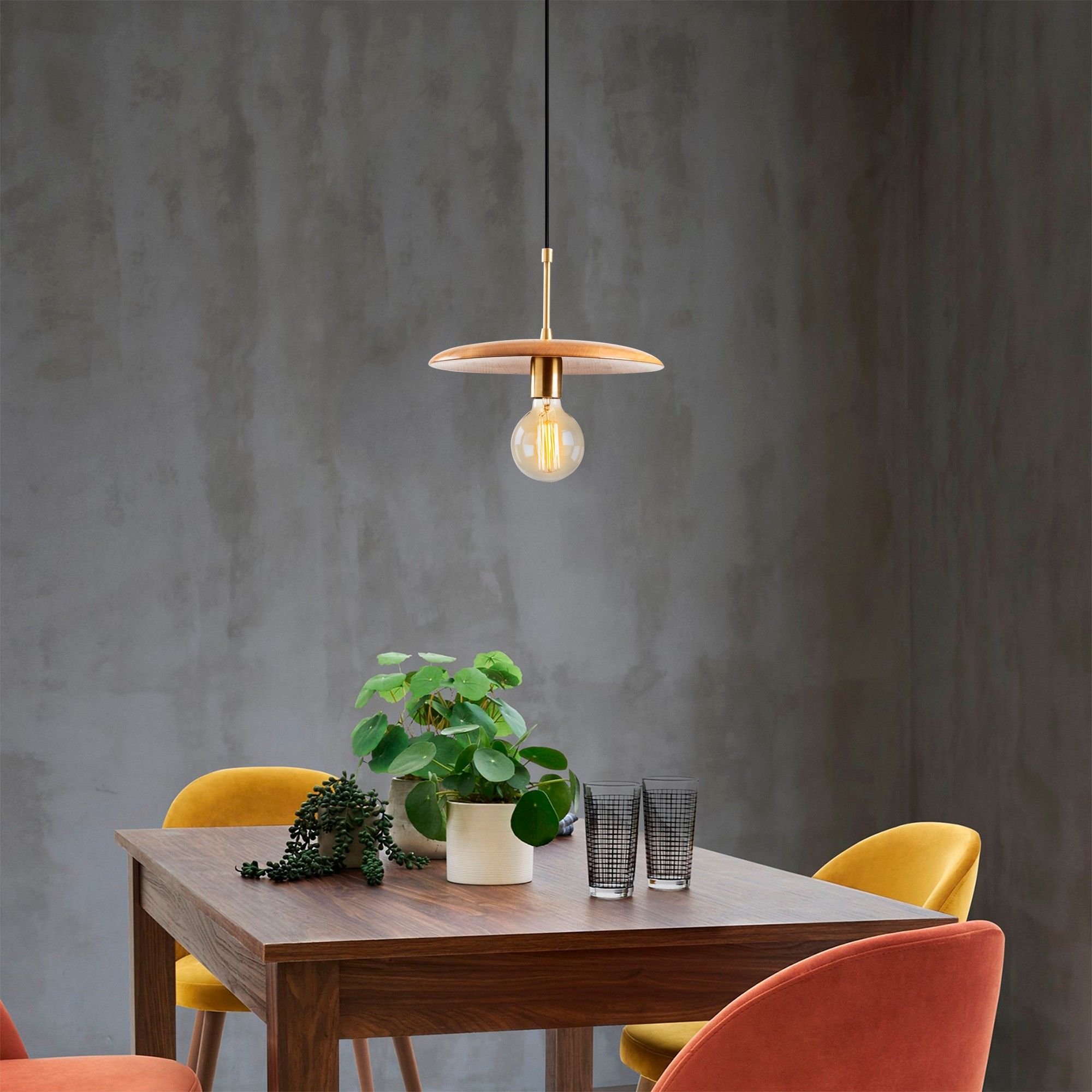 Opviq Lustre | Corps en fer | Capuchon en bois de charme | 29cm de diamètre | 116cm de hauteur | Bois noir