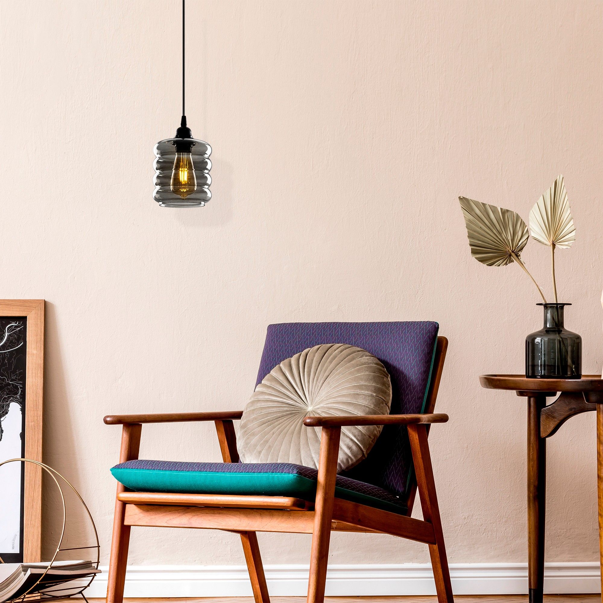 Opviq Lustre - Corps en métal - Chapeau en verre 14x14cm - Hauteur 118cm - Hauteur ajustable - E27 Max 40W - IP20 - Couleur fumée