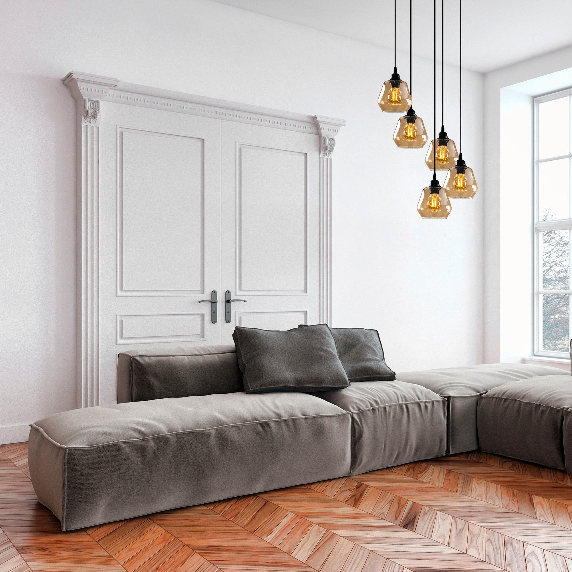 Opviq Chandelier | Corps en métal | Capuchon en verre | Taille : 49x49cm | Hauteur : 110cm | Hauteur ajustable | Couleur : Or Noir