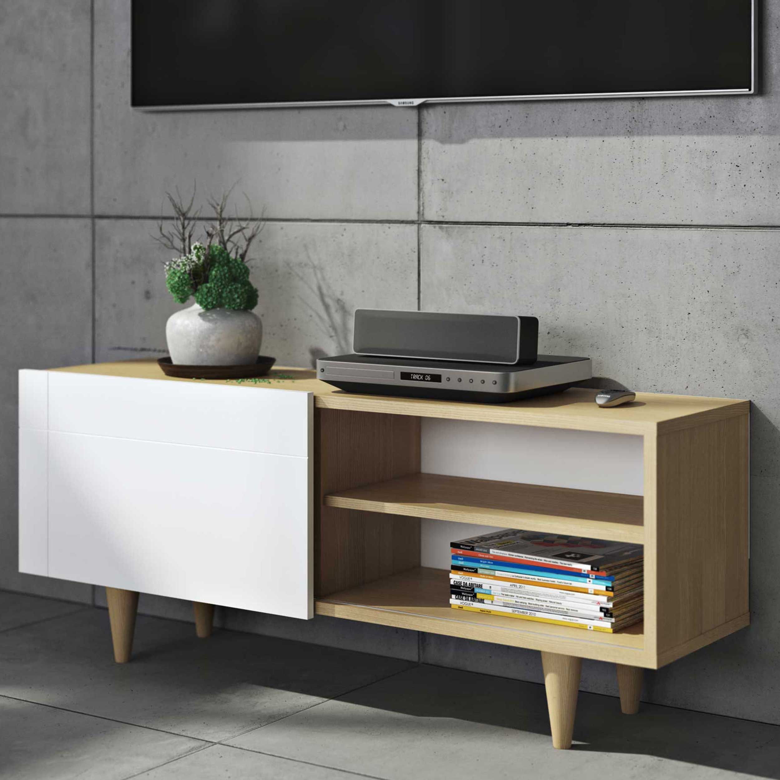 Meuble TV Ruiz 120cm - placage de chêne/blanc