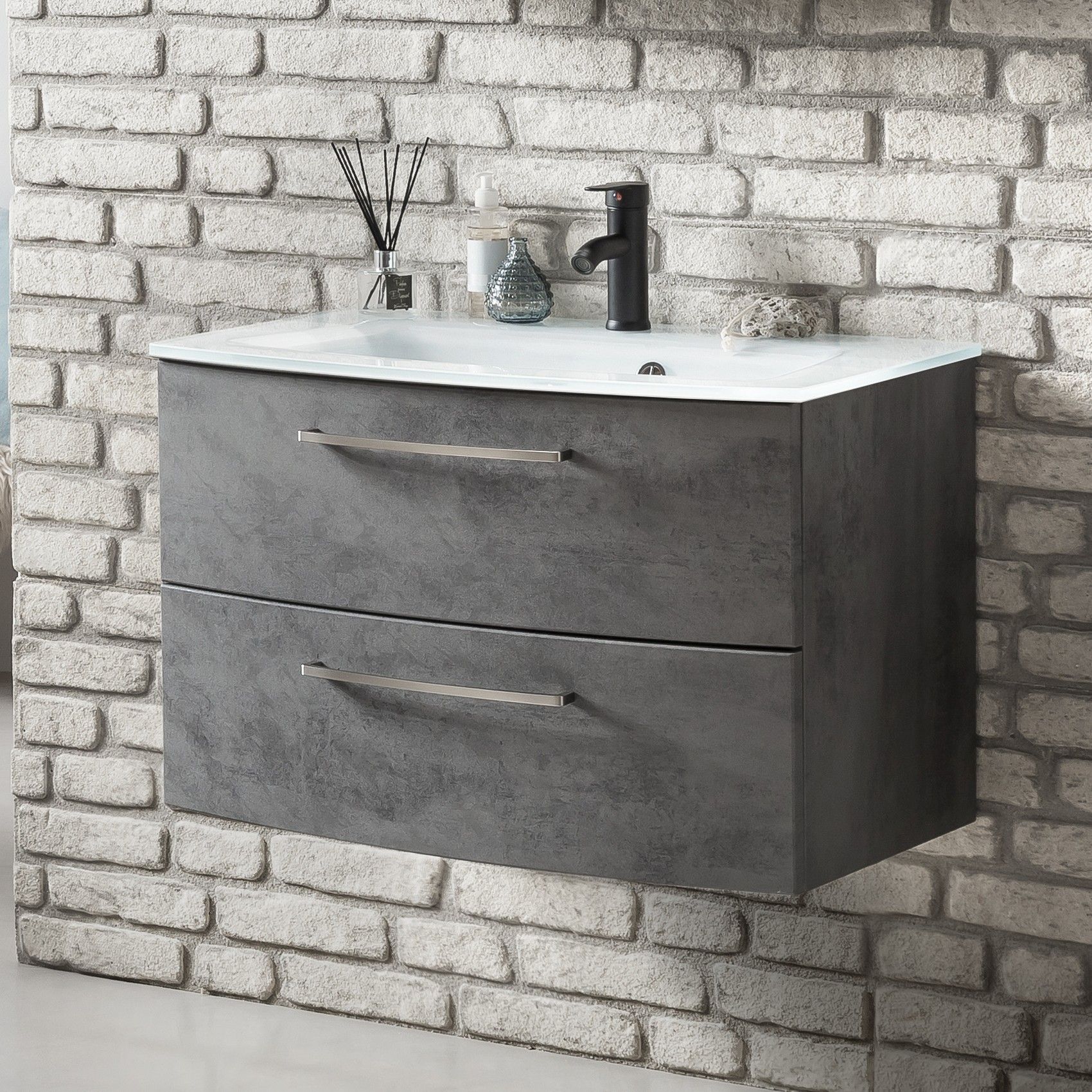 Meuble vasque Stivan 80cm avec vasque blanche - béton