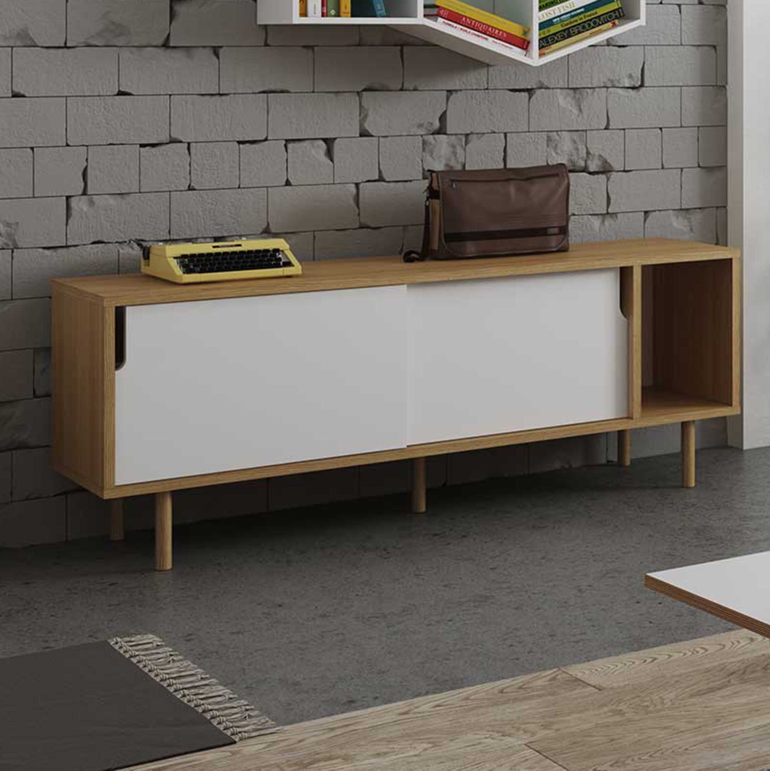 Bahut Danny 165cm - blanc/chêne - pieds en bois