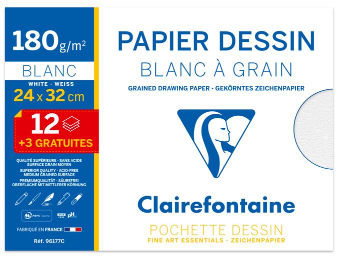 Papier dessin clairefontaine à grain 180g 24x32cm pochette de 15u lot 30 pochettes