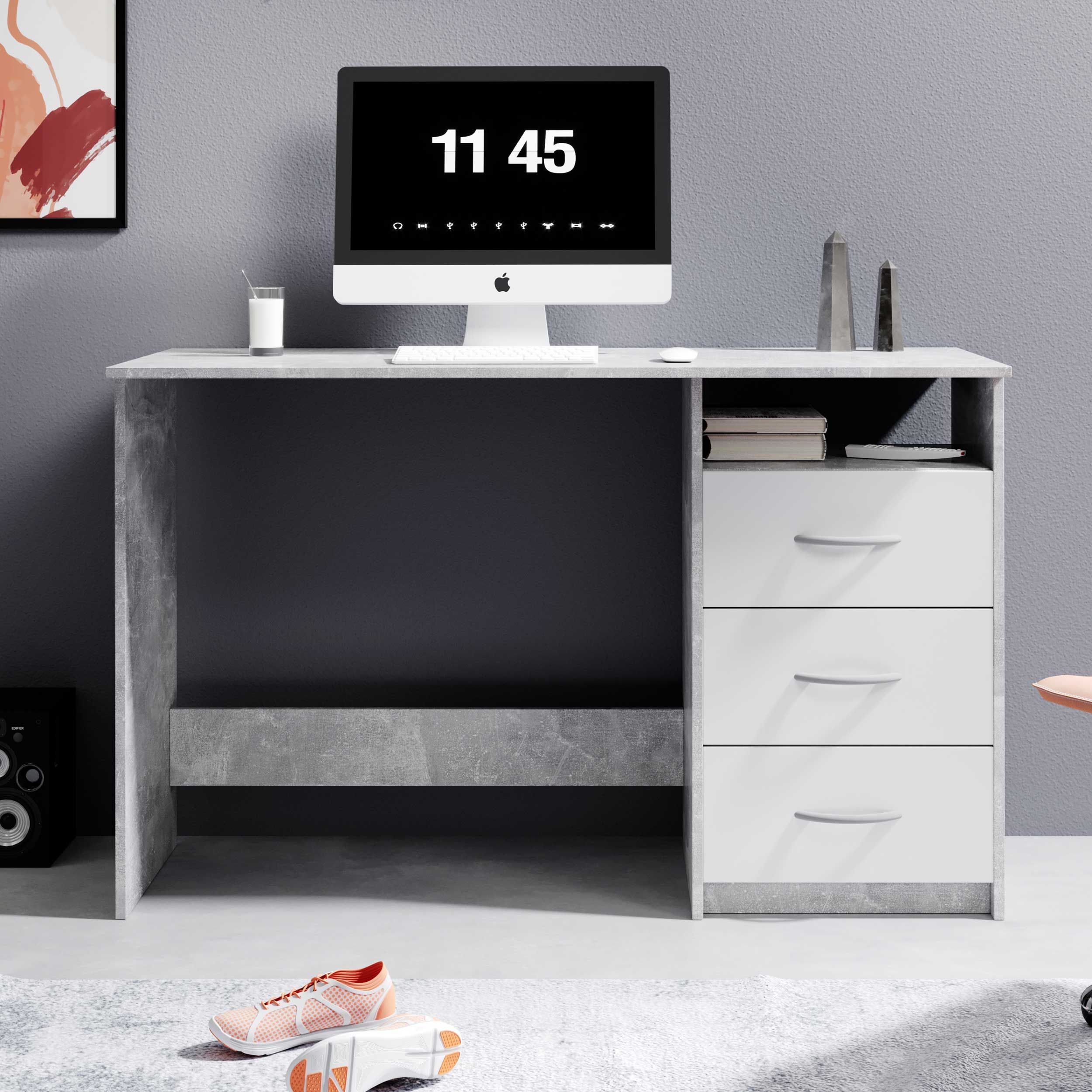 Bureau Adriano 123cm 3 tiroirs - béton/blanc