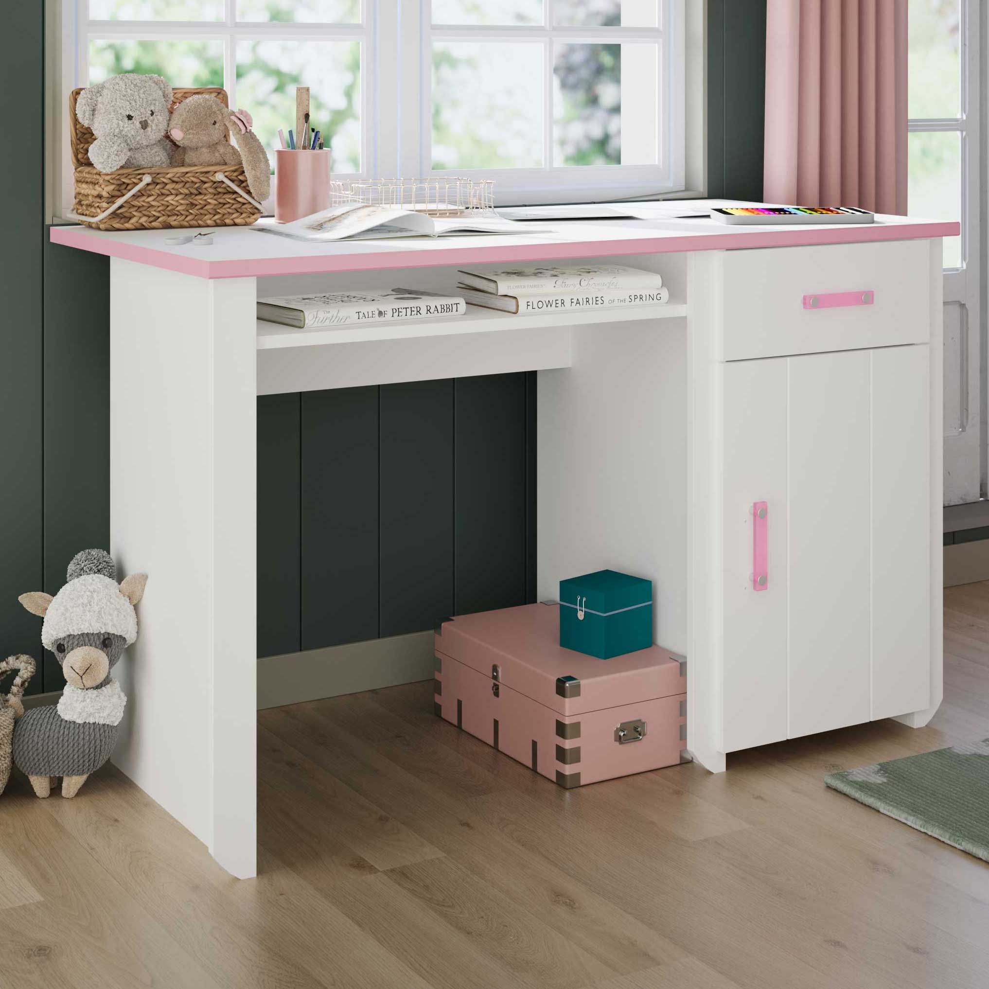 Bureau enfant Biotiful 1 porte & 1 tiroir - rose/blanc