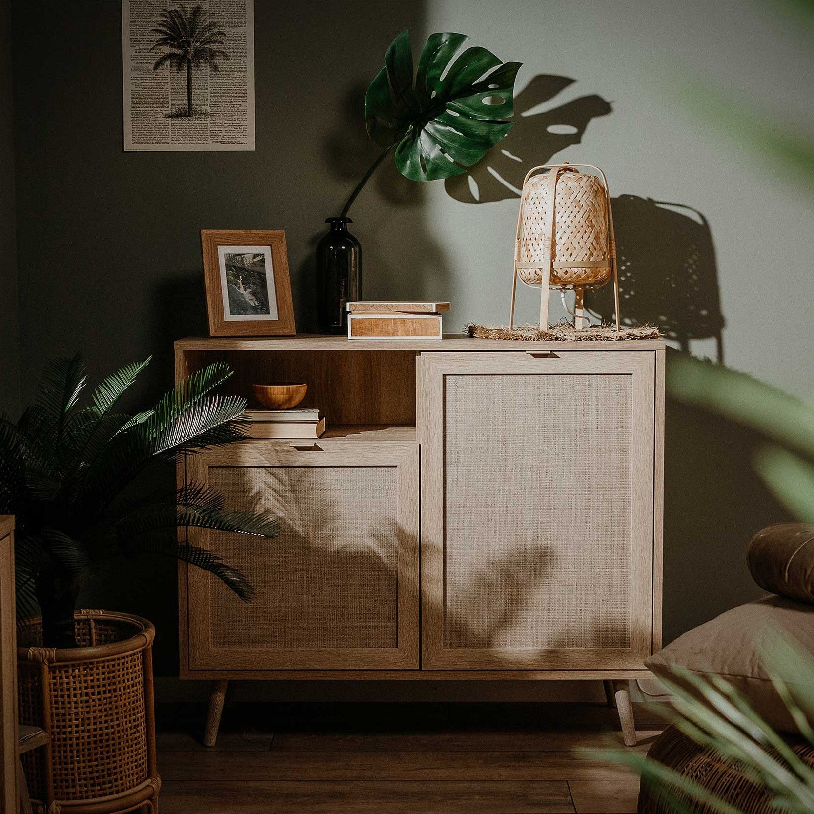 Commode Bilal 102cm 2 portes - chêne/raphia imprimé