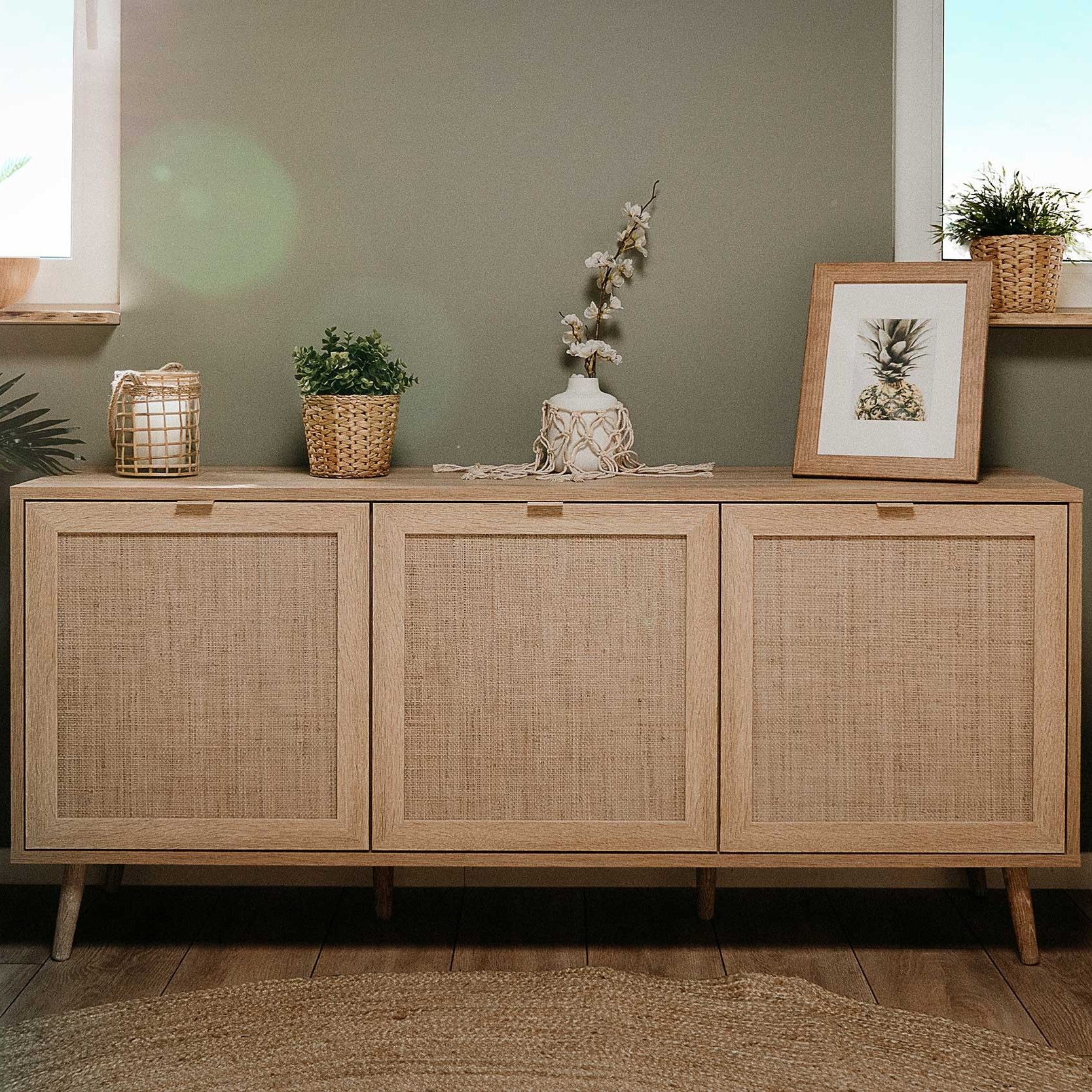 Bahut Bilal 150cm 3 portes - chêne/raphia imprimé