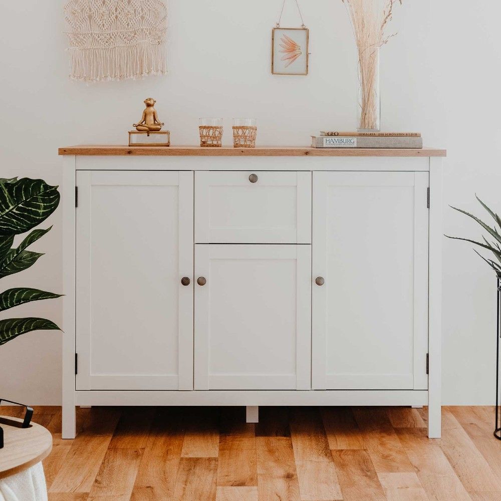 Commode Berge 120cm 3 portes & 1 tiroir - blanc/chêne
