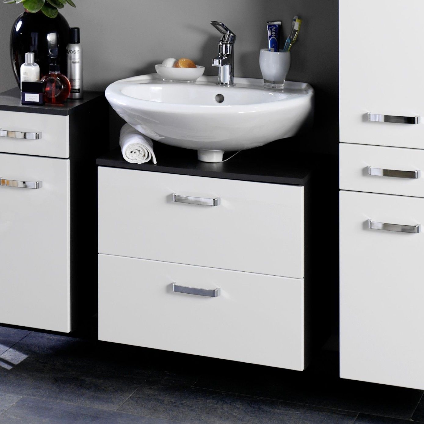 Meuble sous lavabo Bobbi 70cm 1 porte et 1 tiroir - graphite/blanc brillant