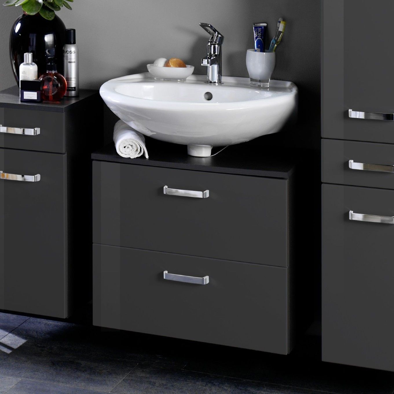 Meuble sous lavabo Bobbi 70cm 1 porte et 1 tiroir - graphite/gris brillant