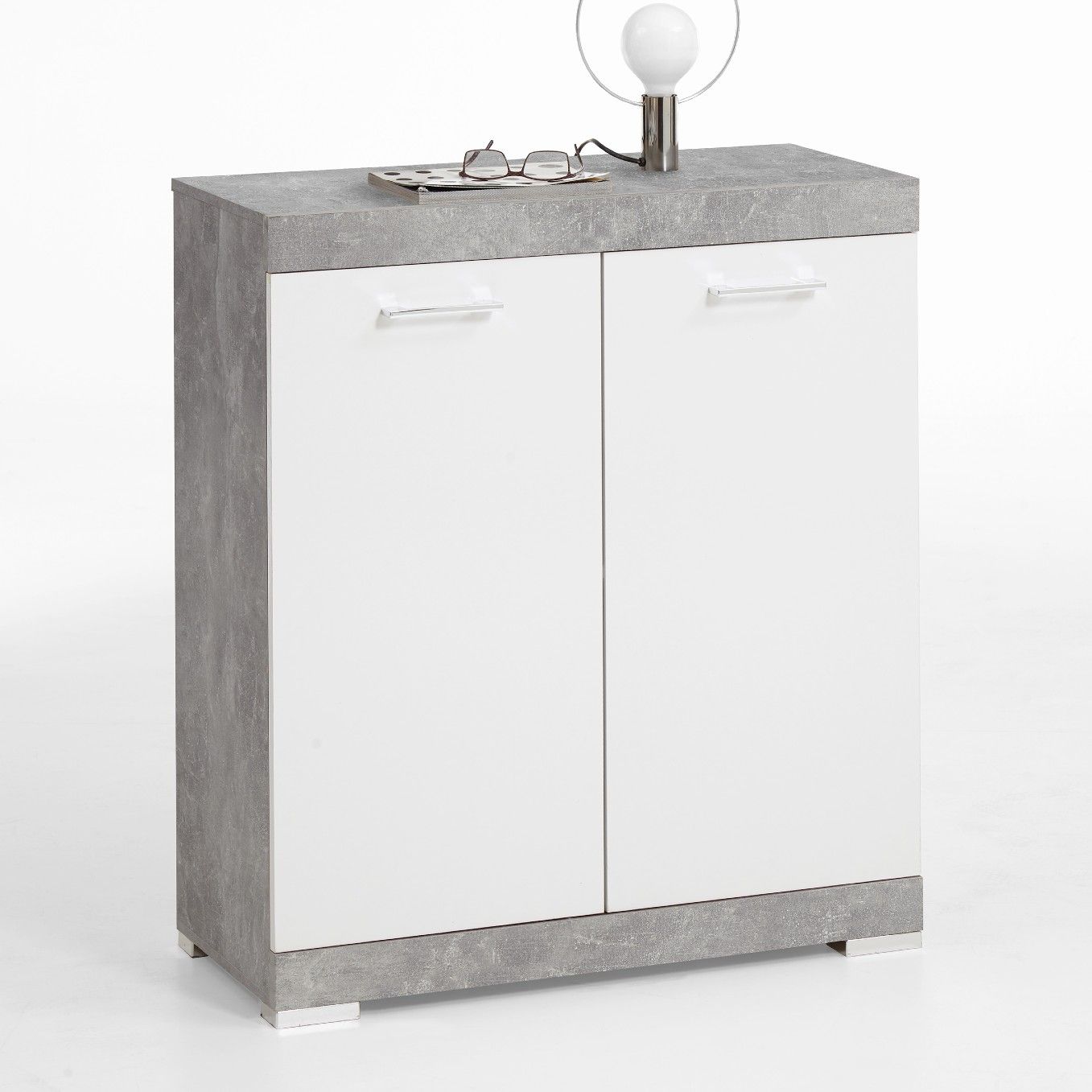 Commode Cristal 2 portes 80x90x35 - béton/blanc brillant