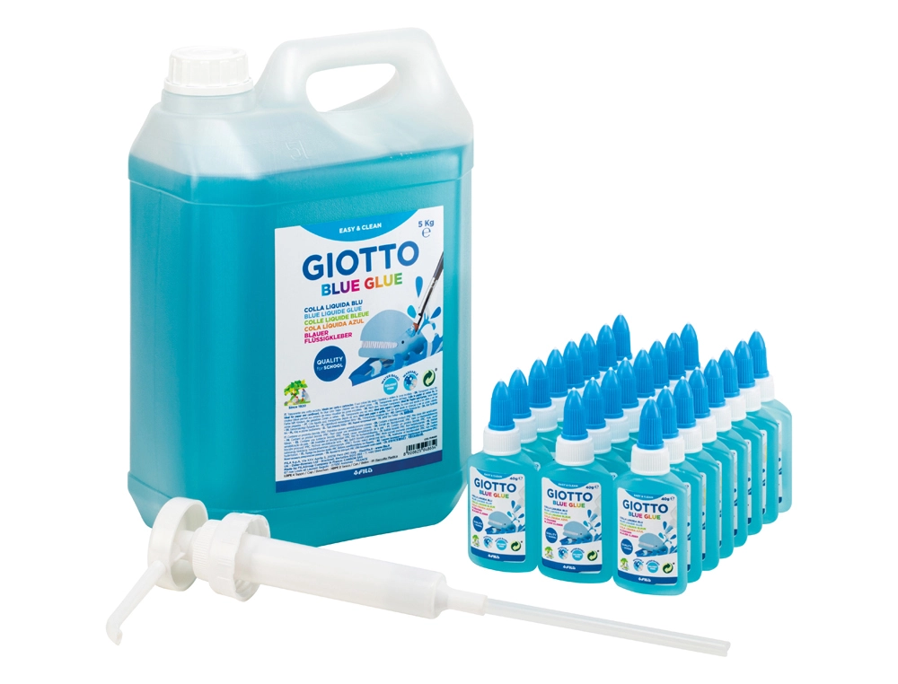 Classpack colle bleue giotto sans solvant lavable usage papier et carton 24 flacons 37ml 1 bidon 5kg et 1 pompe