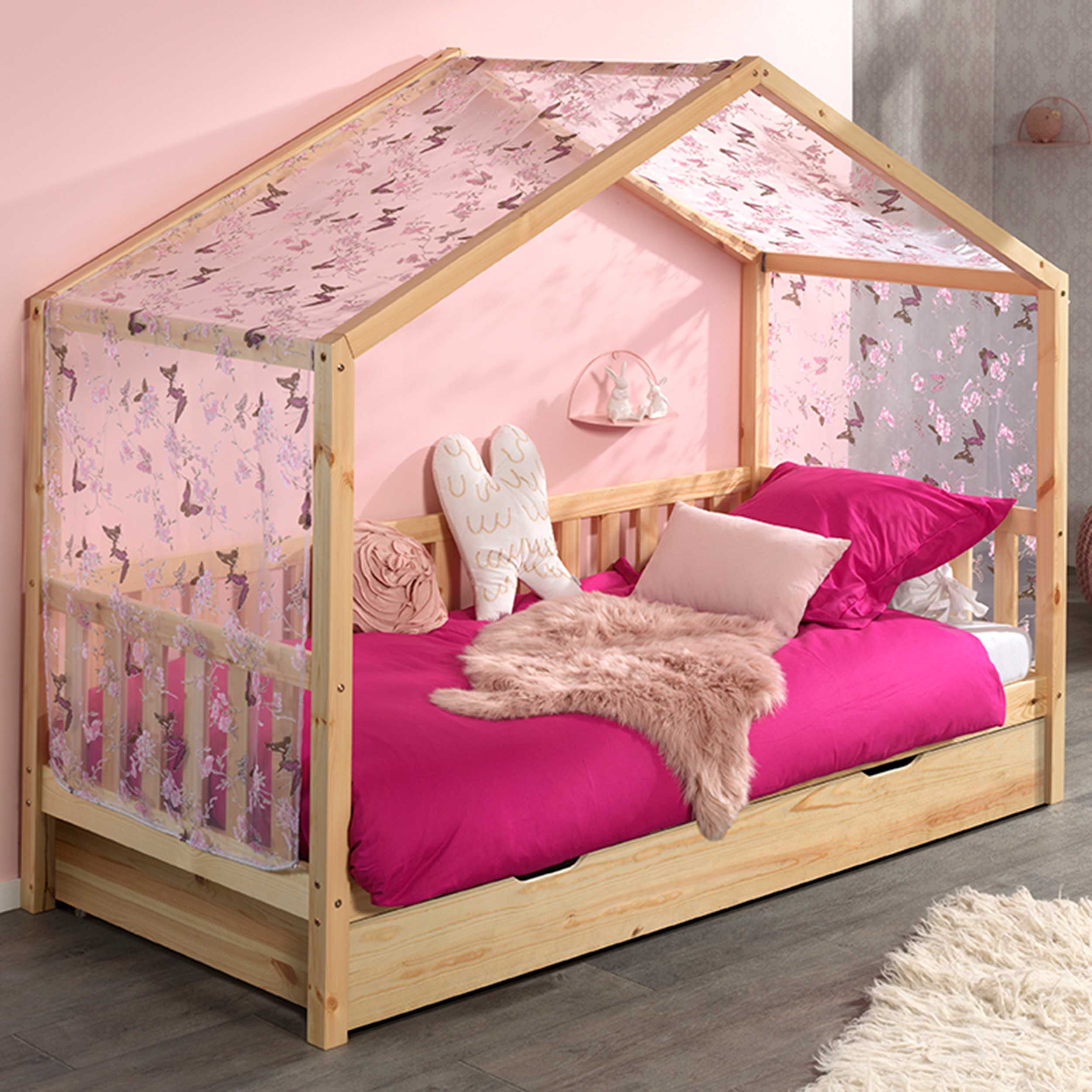 Lit cabane Dallas 2 90x200, tiroir de lit & voile avec dessin de papillons - bois pin/rose
