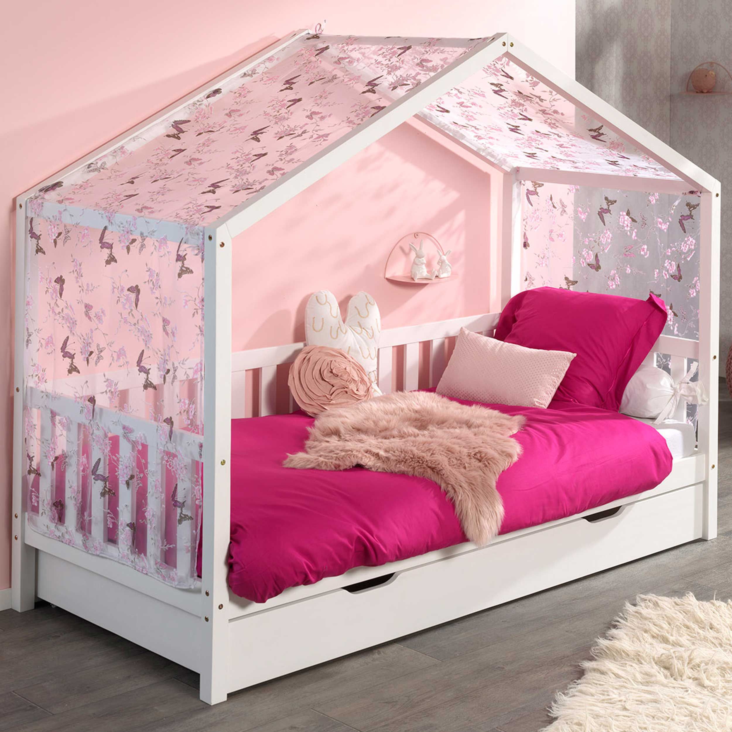 Lit cabane Dallas 2 90x200, tiroir de lit & voile avec dessin de papillons - blanc/rose