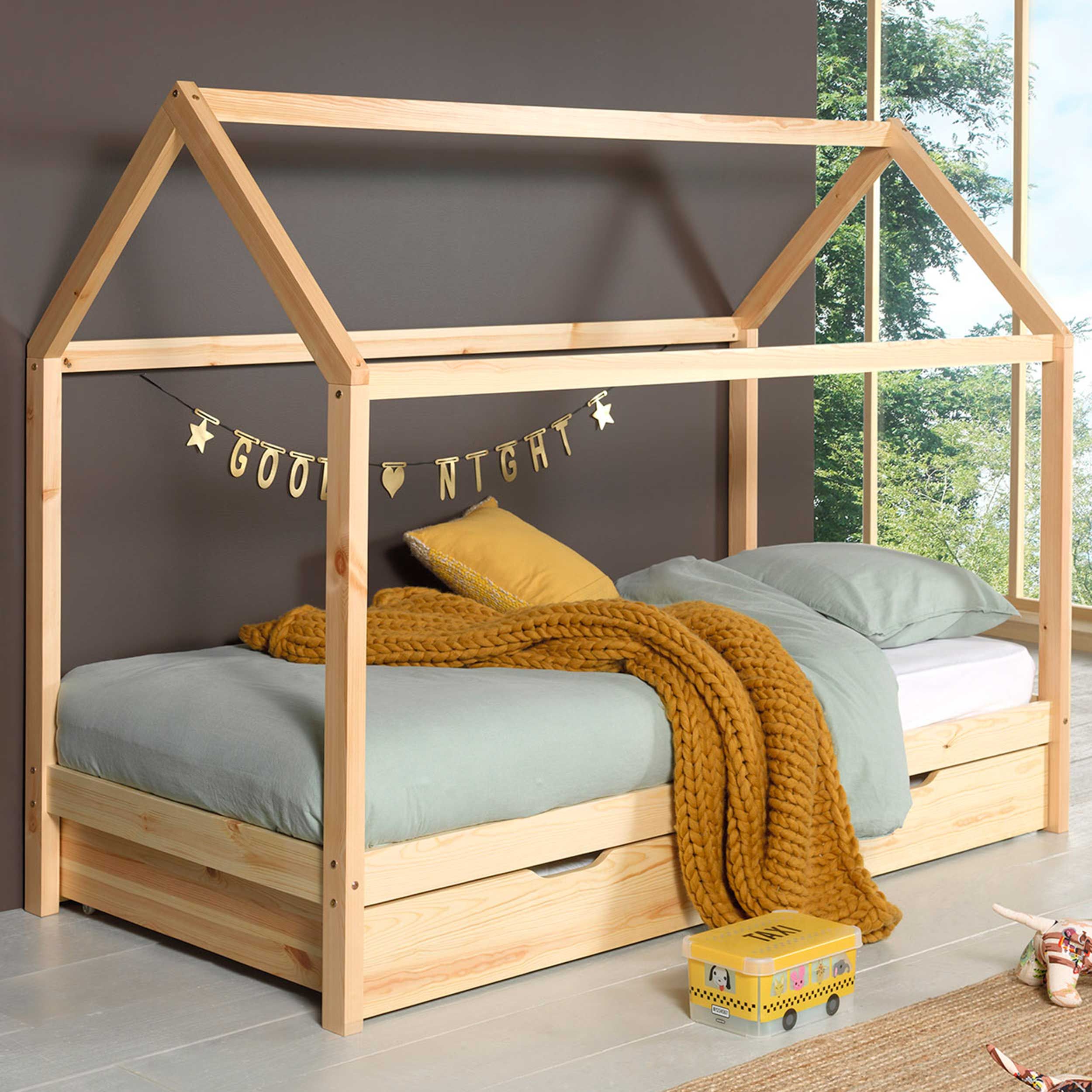 Lit cabane Dallas 1 90x200 avec tiroir de lit - bois pin