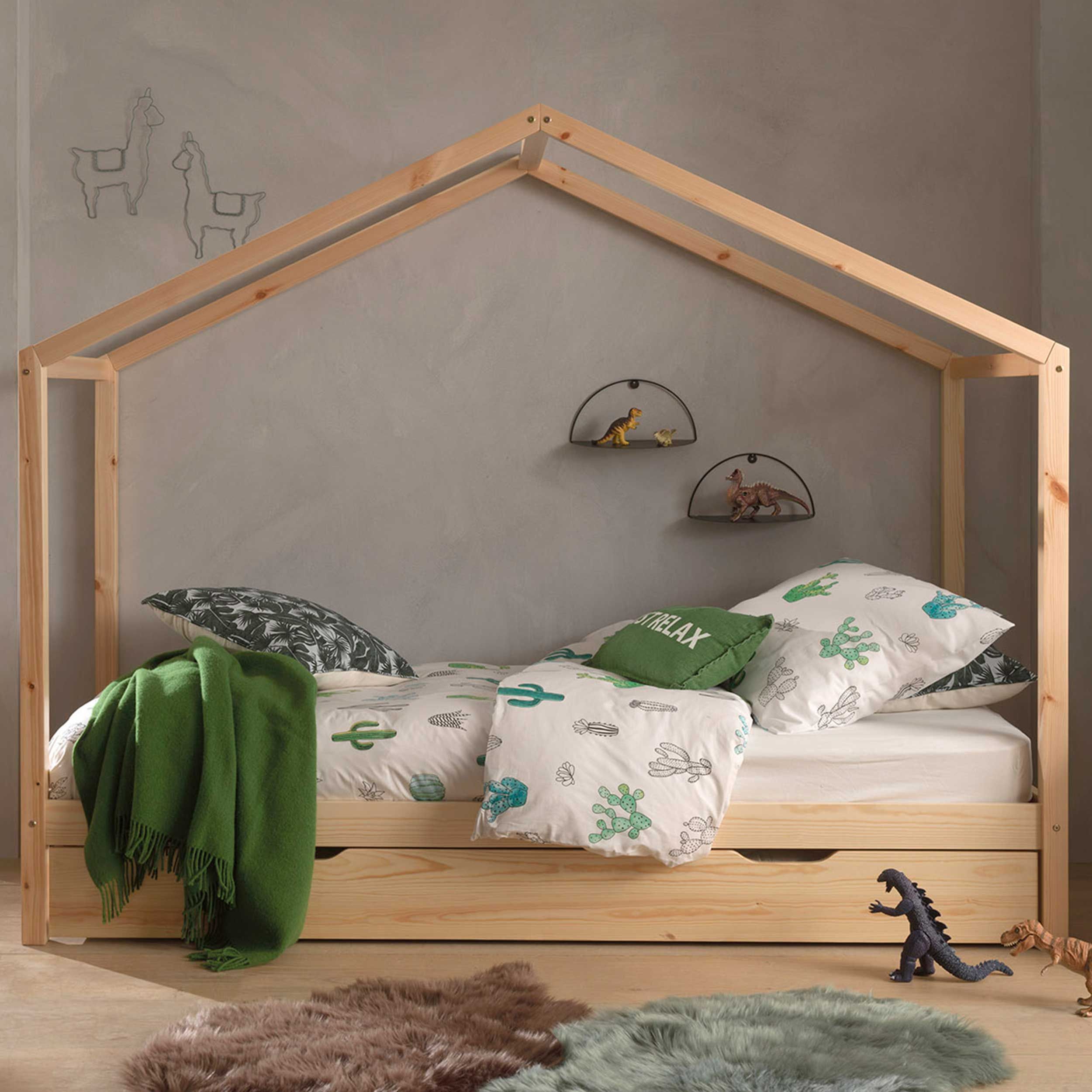 Lit cabane Dallas 3 90x200 avec tiroir de lit - bois pin