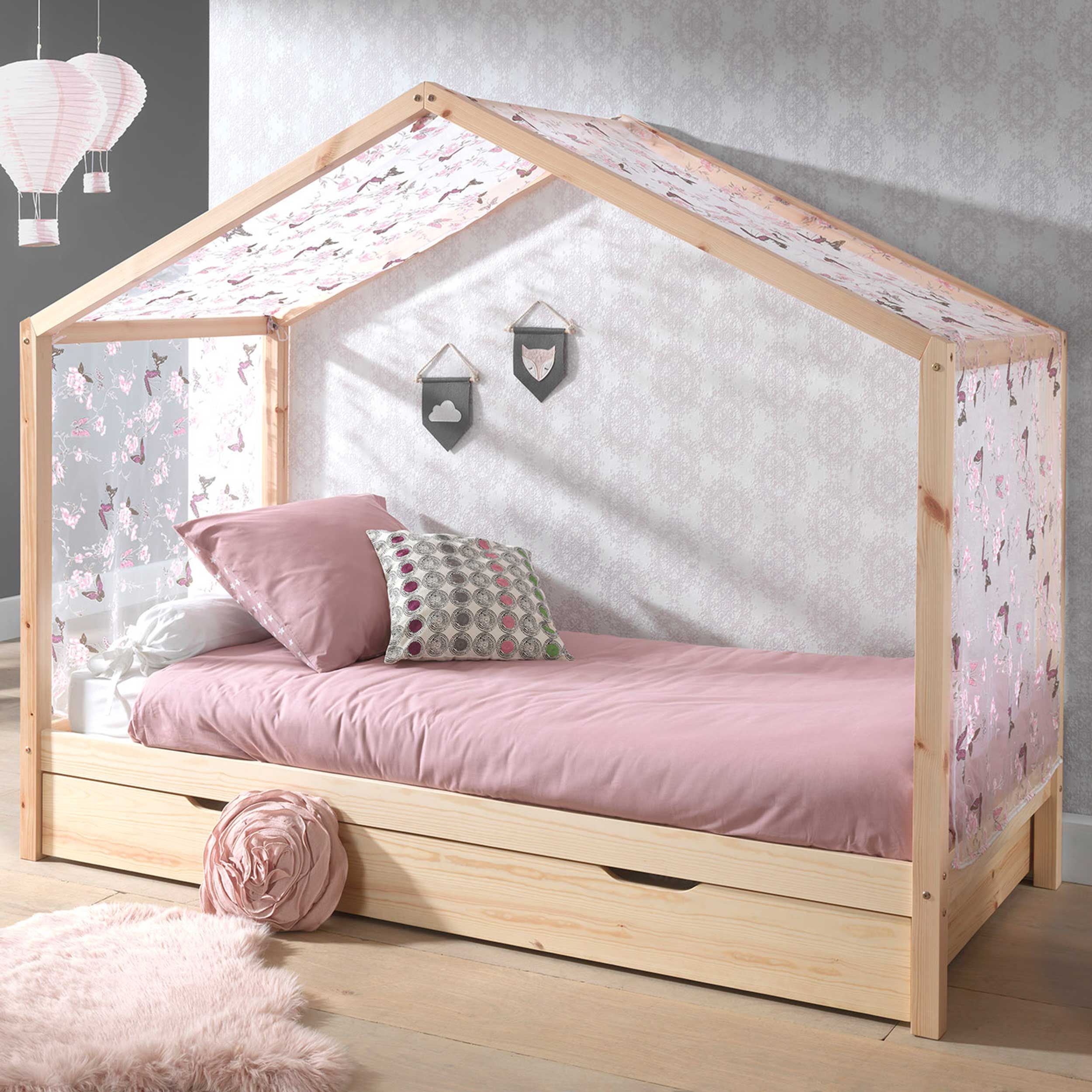 Lit cabane Dallas 3 90x200, tiroir de lit & voile avec dessin de papillons - bois pin/rose