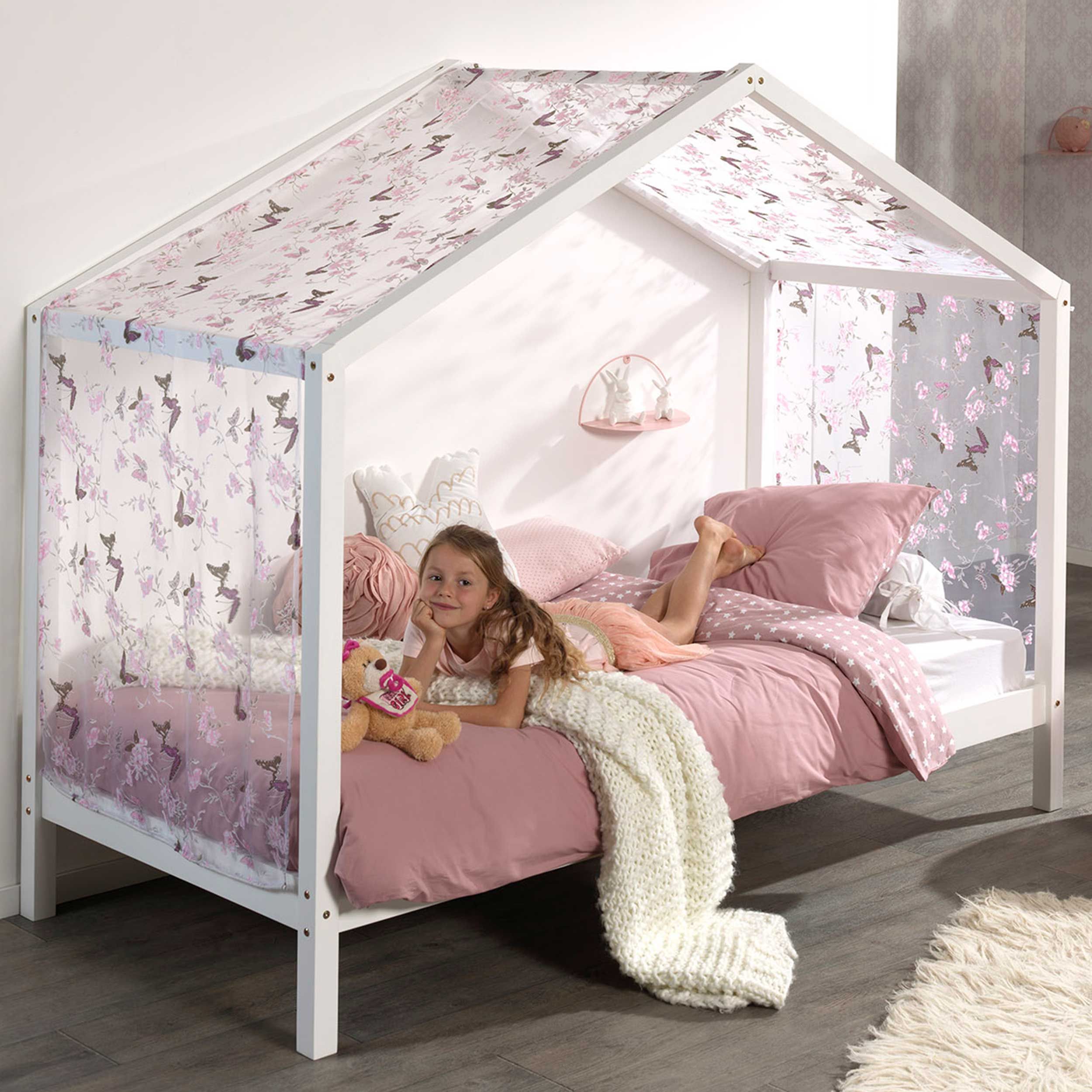 Lit cabane Dallas 3 90x200 & voile avec dessin de papillons - blanc/rose