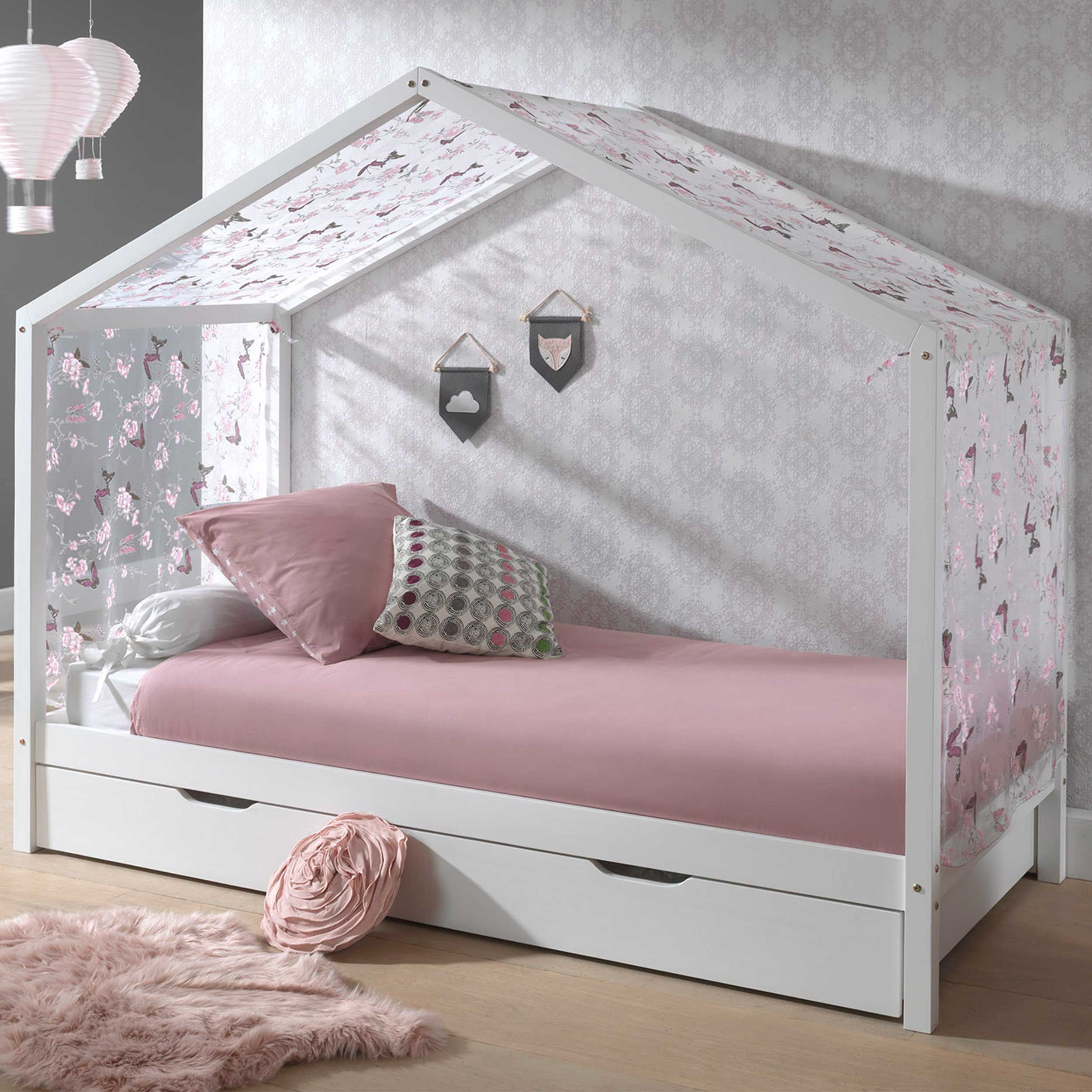 Lit cabane Dallas 3 90x200, tiroir de lit & voile avec dessin de papillons - blanc/rose