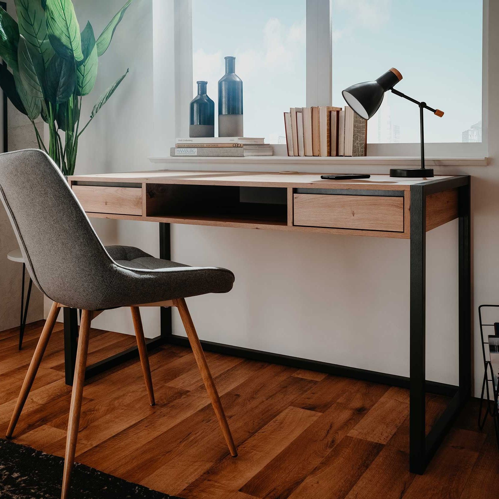 Bureau Damon 120cm 2 tiroirs - chêne/anthracite