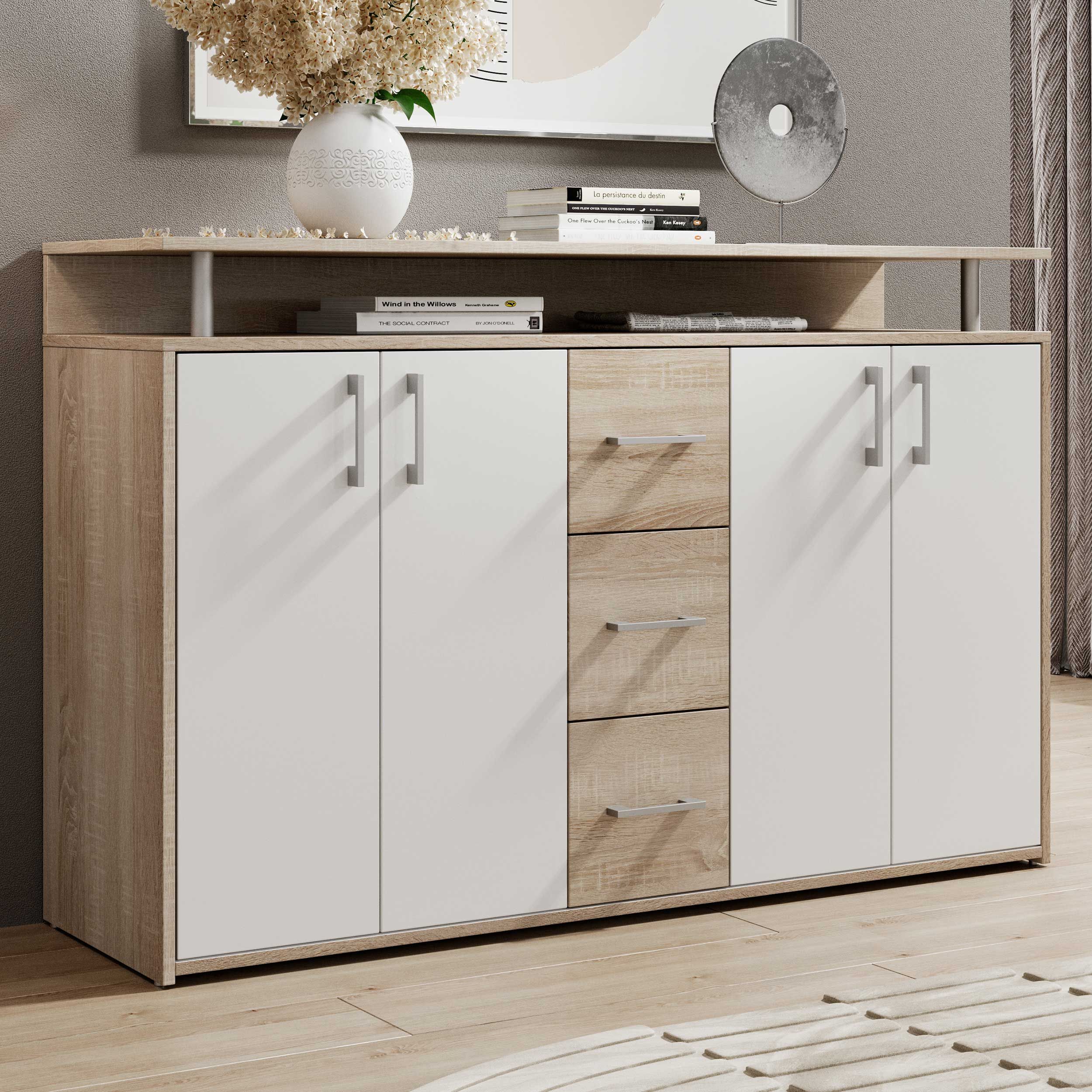 Bahut Flotar 4 portes 3 tiroirs - blanc/chêne