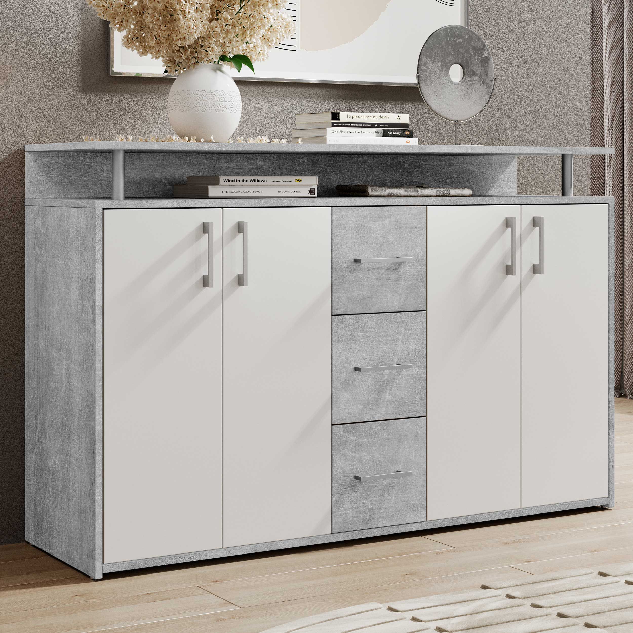 Bahut Flotar 4 portes 3 tiroirs - blanc/béton